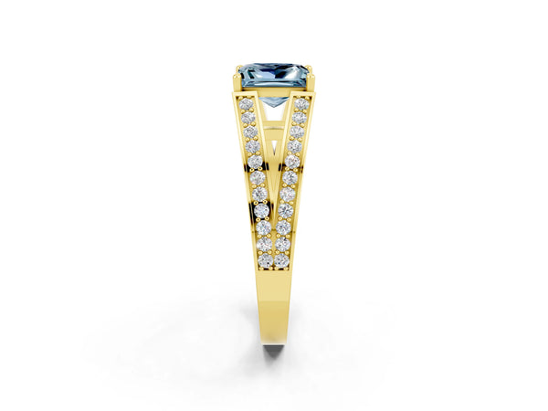 Yellow gold Princess Cut Aquamarine Split Shank Ring with Pavé Band and Four-Prong Setting