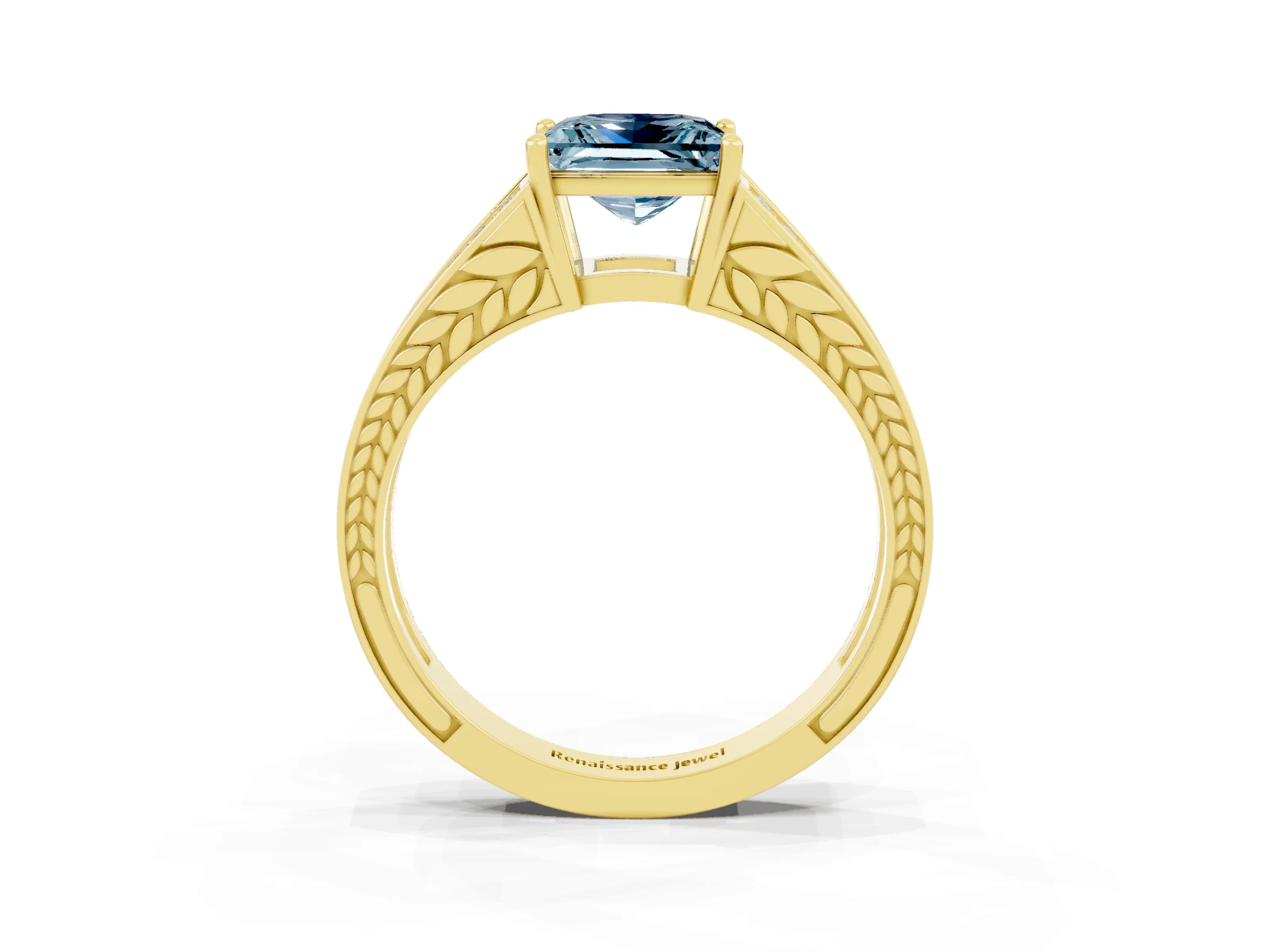 Yellow gold Princess Cut Aquamarine Split Shank Ring with Pavé Band and Four-Prong Setting_3