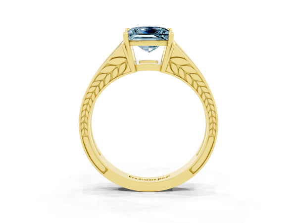 Yellow gold Princess Cut Aquamarine Split Shank Ring with Pavé Band and Four-Prong Setting