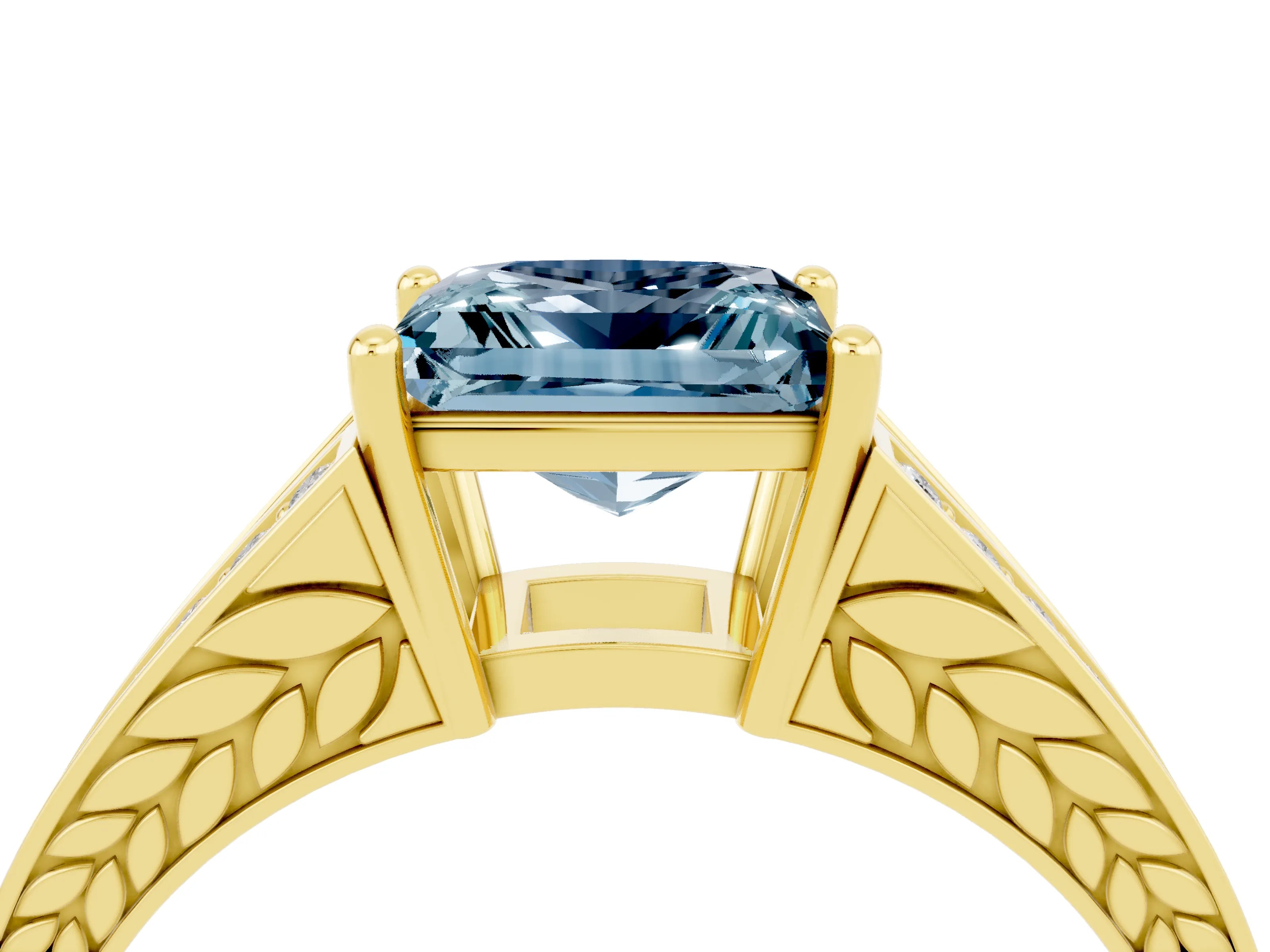 Yellow gold Princess Cut Aquamarine Split Shank Ring with Pavé Band and Four-Prong Setting_4