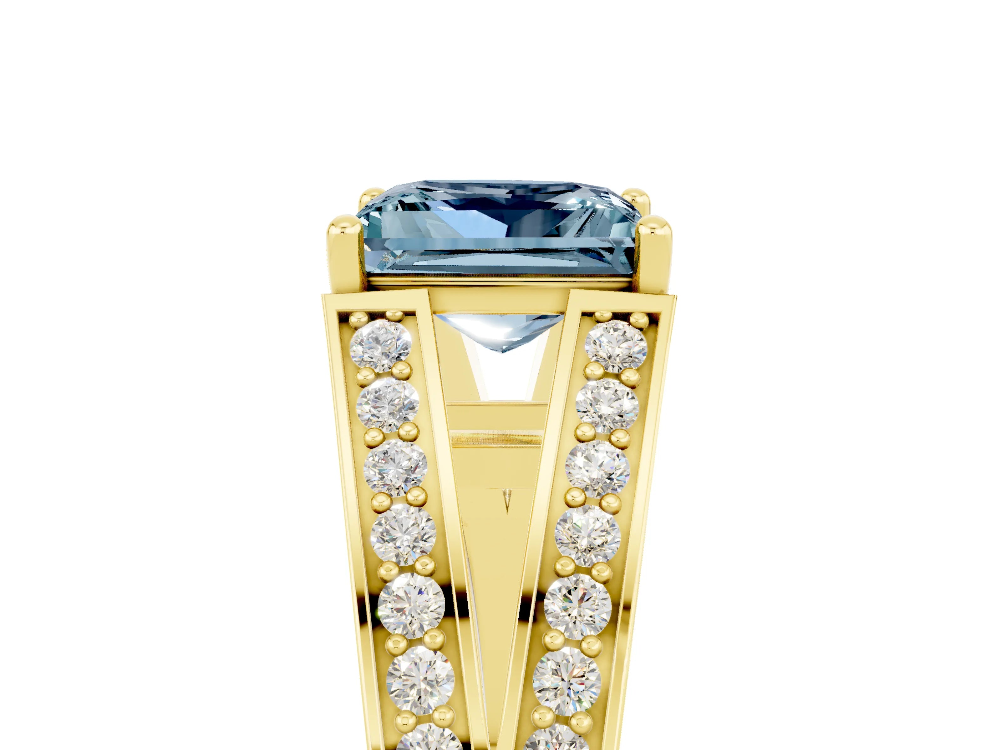 Yellow gold Princess Cut Aquamarine Split Shank Ring with Pavé Band and Four-Prong Setting_5