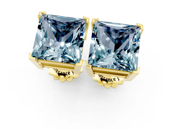 Yellow gold Princess Cut Aquamarine Stud Earrings