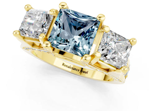 Yellow gold Princess Cut Aquamarine Three-Stone Ring with Channel Set Band and Four-Prong Setting_1