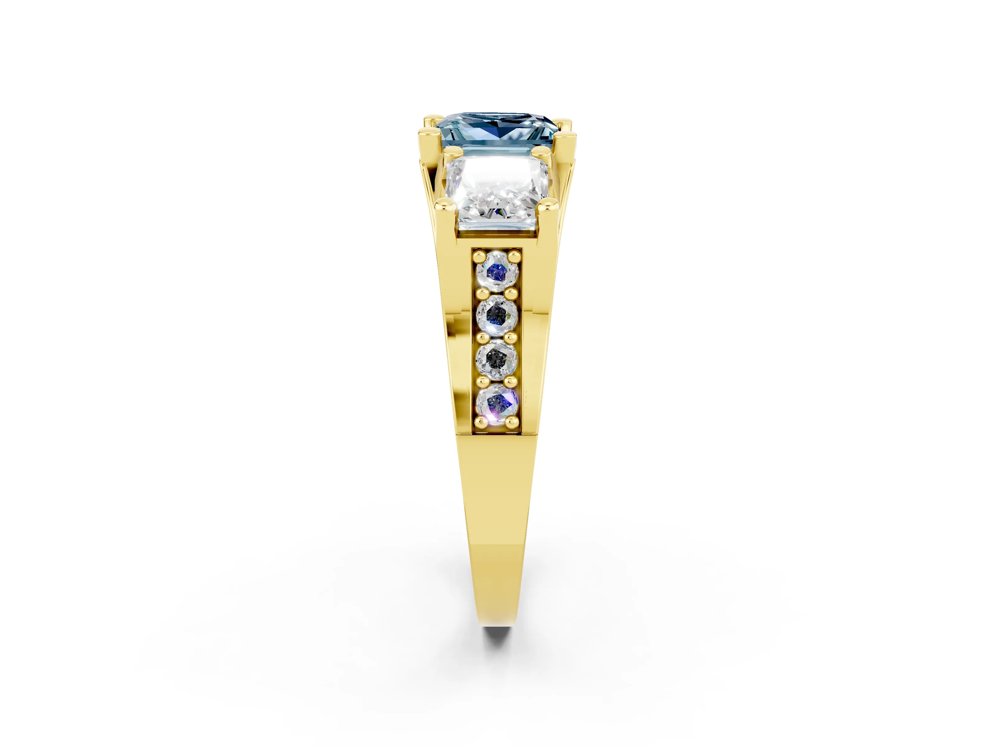 Yellow gold Princess Cut Aquamarine Three-Stone Ring with Channel Set Band and Four-Prong Setting_2