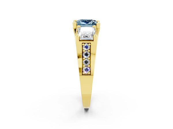 Yellow gold Princess Cut Aquamarine Three-Stone Ring with Channel Set Band and Four-Prong Setting