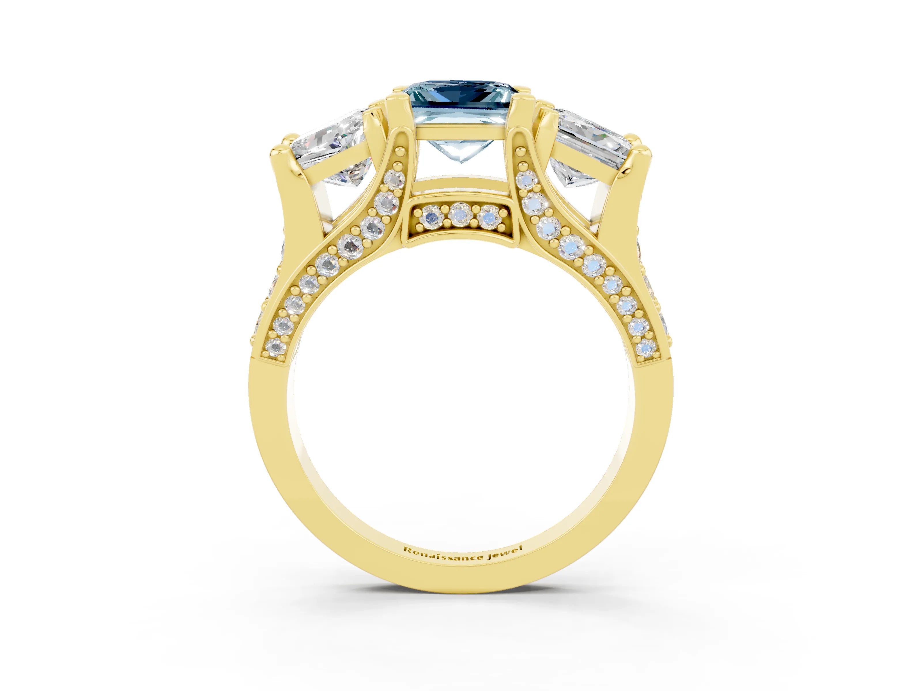 Yellow gold Princess Cut Aquamarine Three-Stone Ring with Channel Set Band and Four-Prong Setting_3
