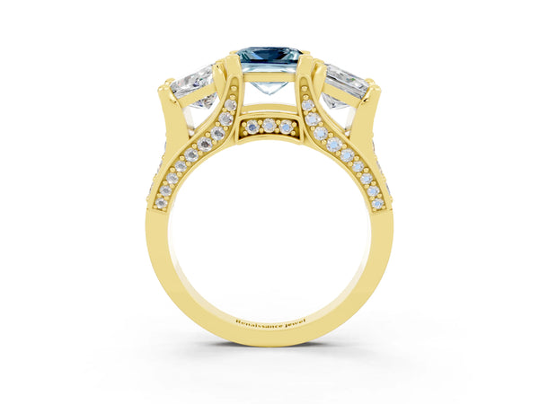 Yellow gold Princess Cut Aquamarine Three-Stone Ring with Channel Set Band and Four-Prong Setting