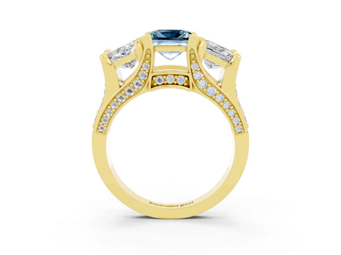 Yellow gold Princess Cut Aquamarine Three-Stone Ring with Channel Set Band and Four-Prong Setting_3