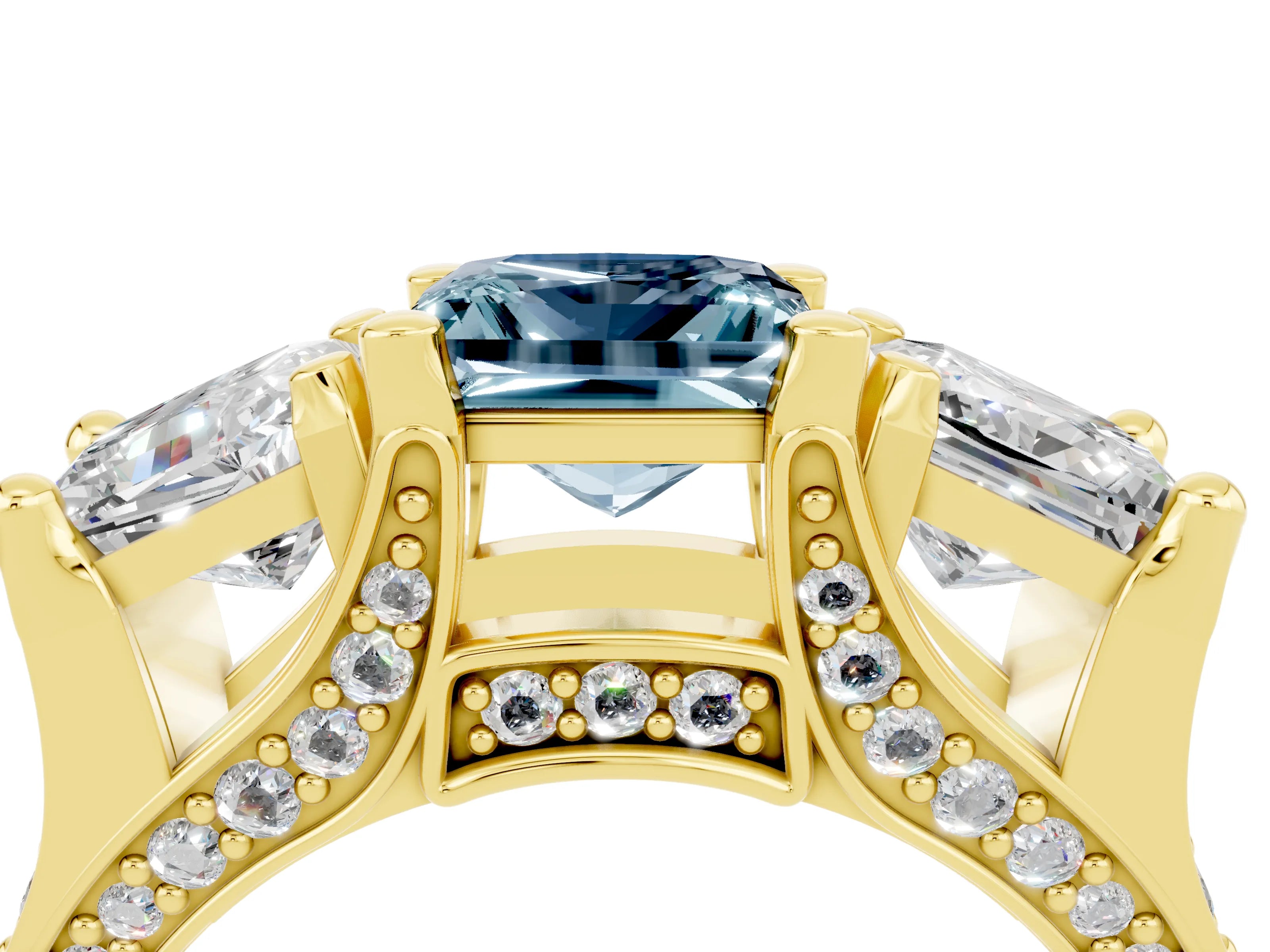 Yellow gold Princess Cut Aquamarine Three-Stone Ring with Channel Set Band and Four-Prong Setting_4