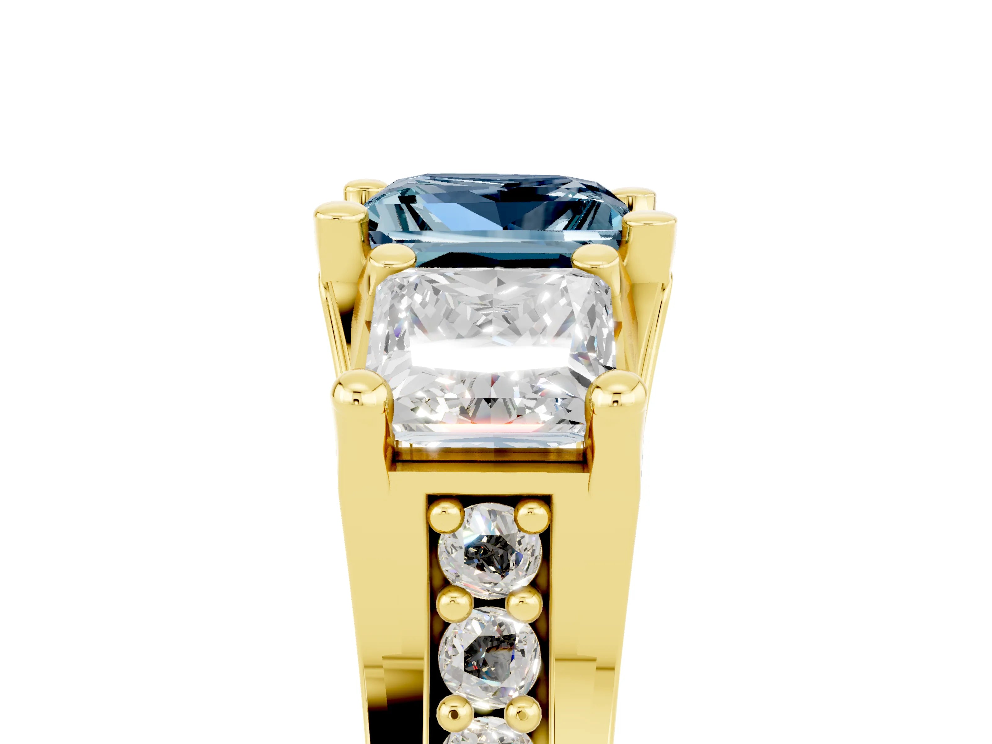 Yellow gold Princess Cut Aquamarine Three-Stone Ring with Channel Set Band and Four-Prong Setting_5