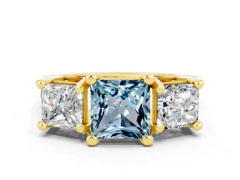 Yellow gold Princess Cut Aquamarine Three-Stone Ring with Channel Set Band and Four-Prong Setting