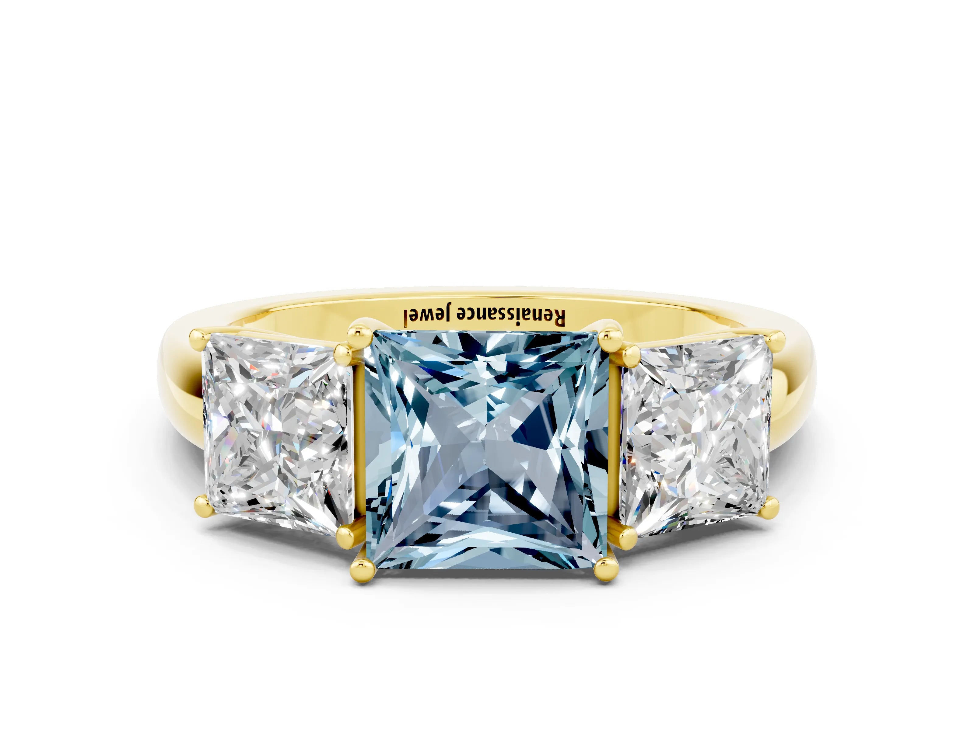 Yellow gold Princess Cut Aquamarine Three-Stone Ring with Four-Prong Setting and Classic Band