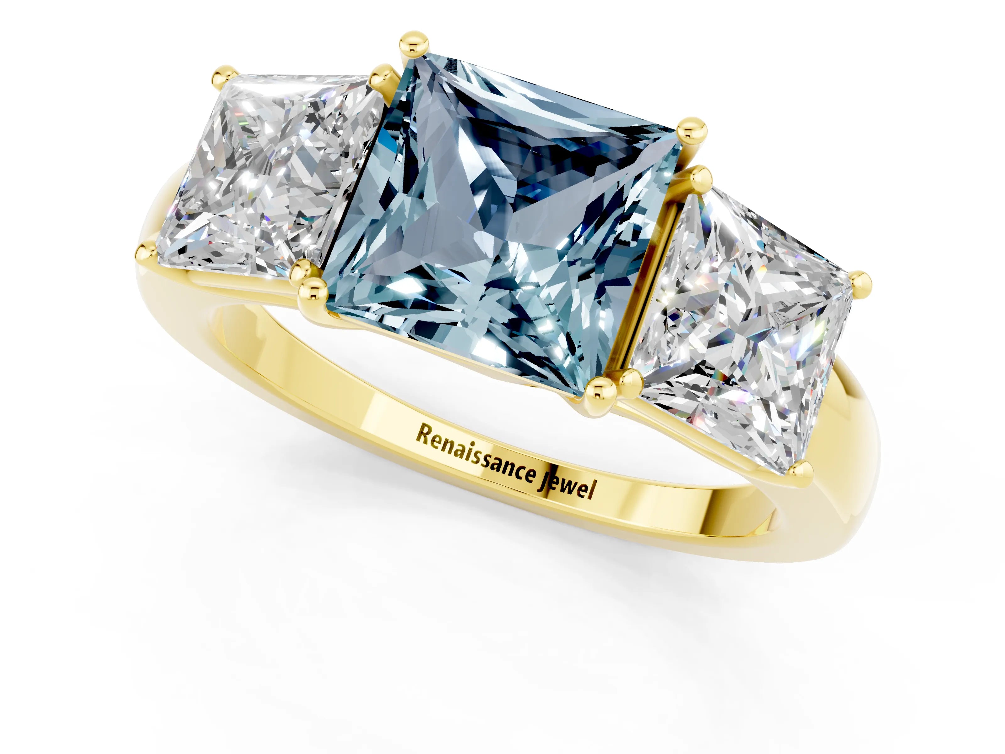 Yellow gold Princess Cut Aquamarine Three-Stone Ring with Four-Prong Setting and Classic Band_1