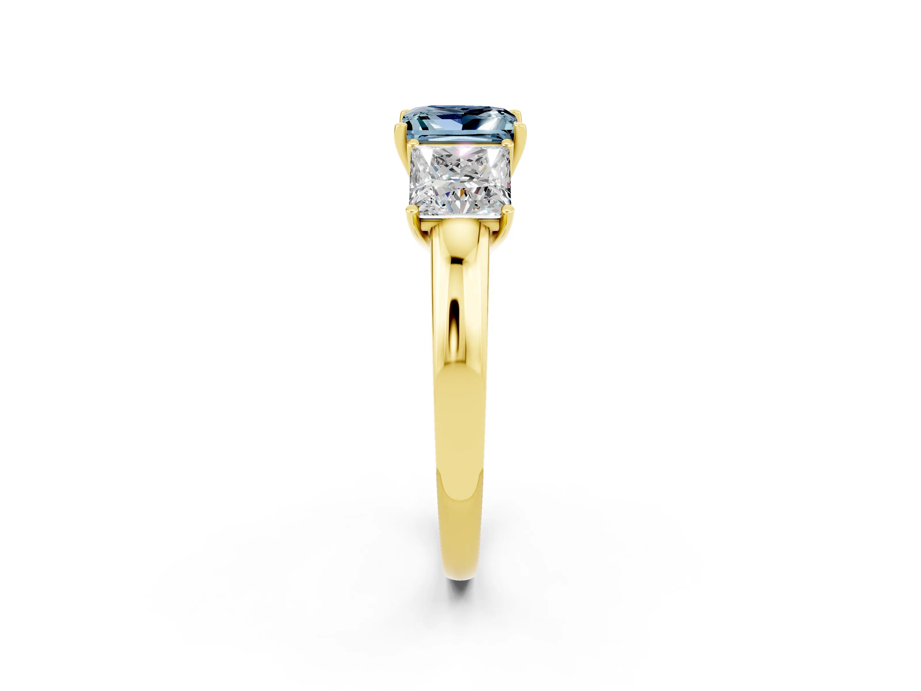 Yellow gold Princess Cut Aquamarine Three-Stone Ring with Four-Prong Setting and Classic Band_2