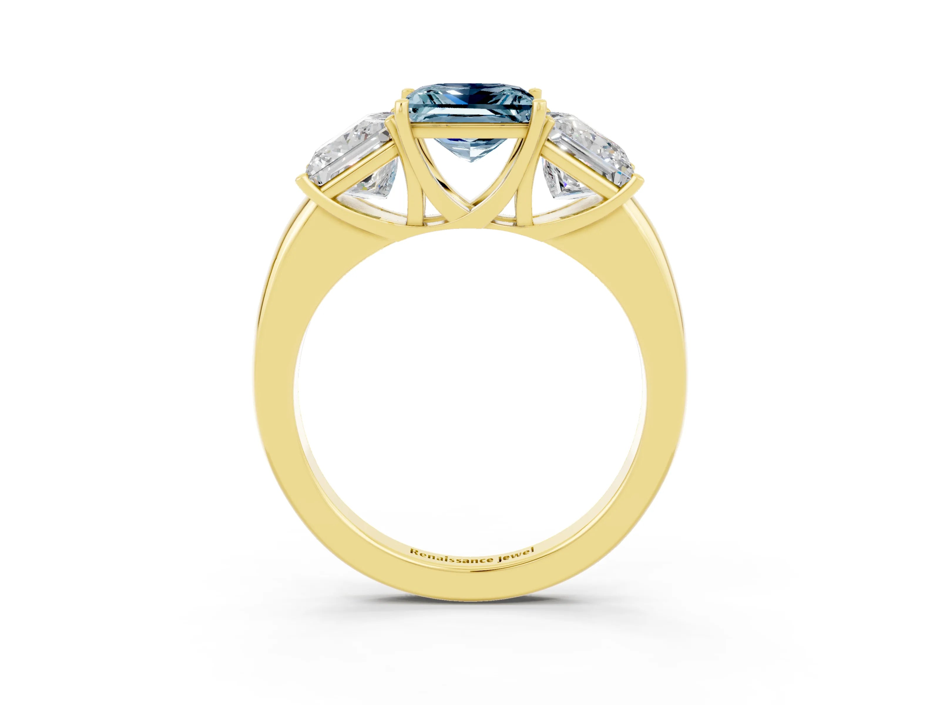 Yellow gold Princess Cut Aquamarine Three-Stone Ring with Four-Prong Setting and Classic Band_3
