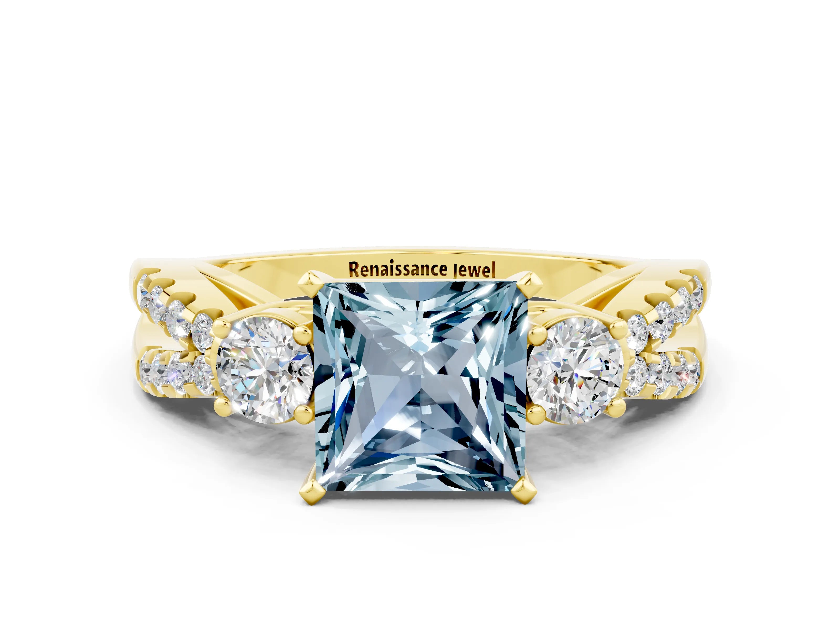 Yellow gold Princess Cut Aquamarine Three-Stone Ring with Pavé Split Shank and Four-Prong Setting_12