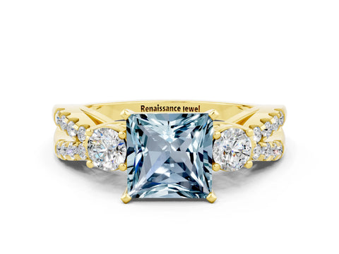 Yellow gold Princess Cut Aquamarine Three-Stone Ring with Pavé Split Shank and Four-Prong Setting_12