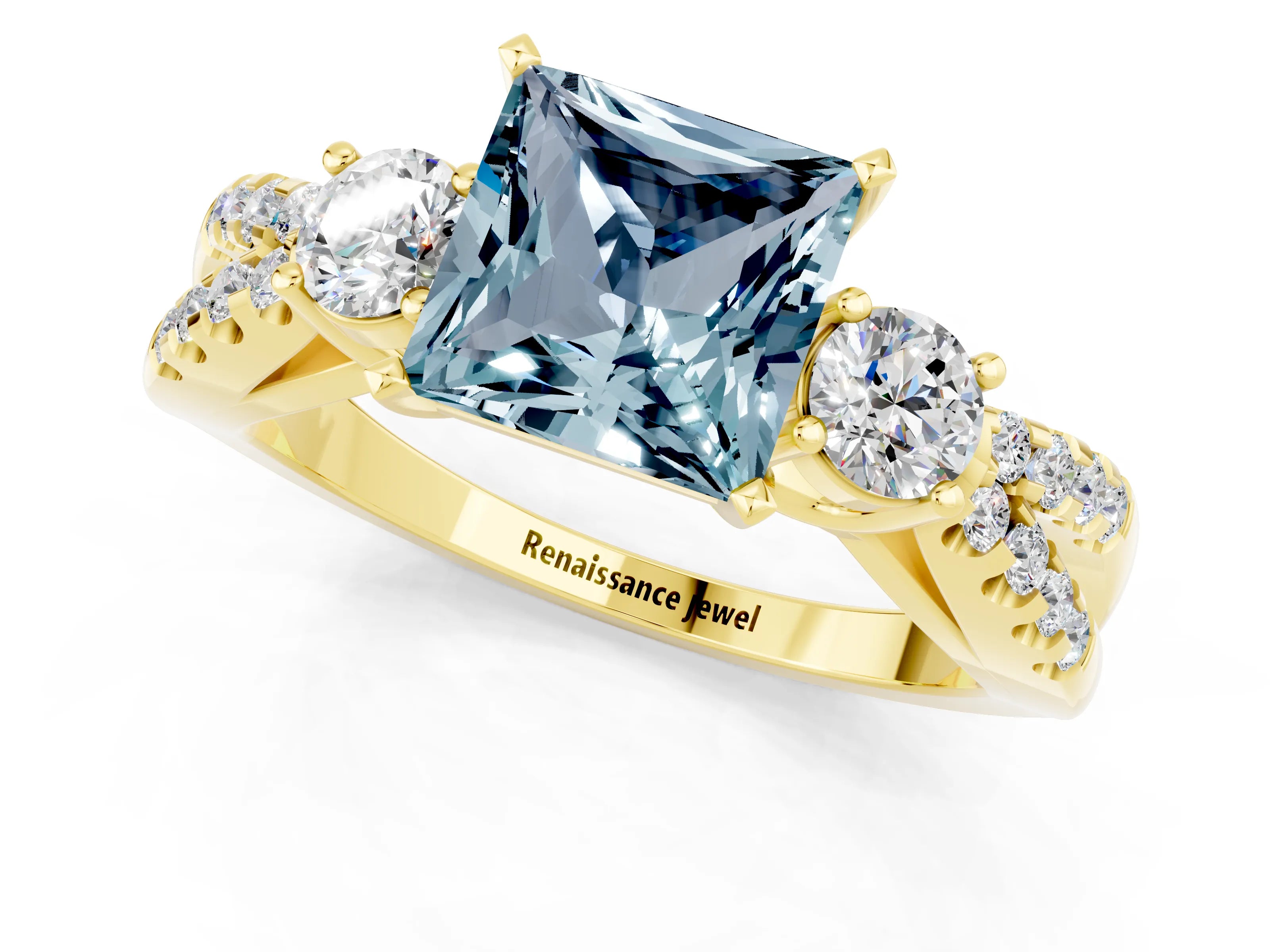 Yellow gold Princess Cut Aquamarine Three-Stone Ring with Pavé Split Shank and Four-Prong Setting_13