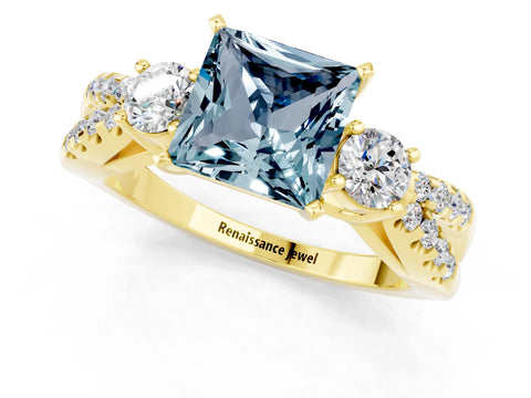 Yellow gold Princess Cut Aquamarine Three-Stone Ring with Pavé Split Shank and Four-Prong Setting_13