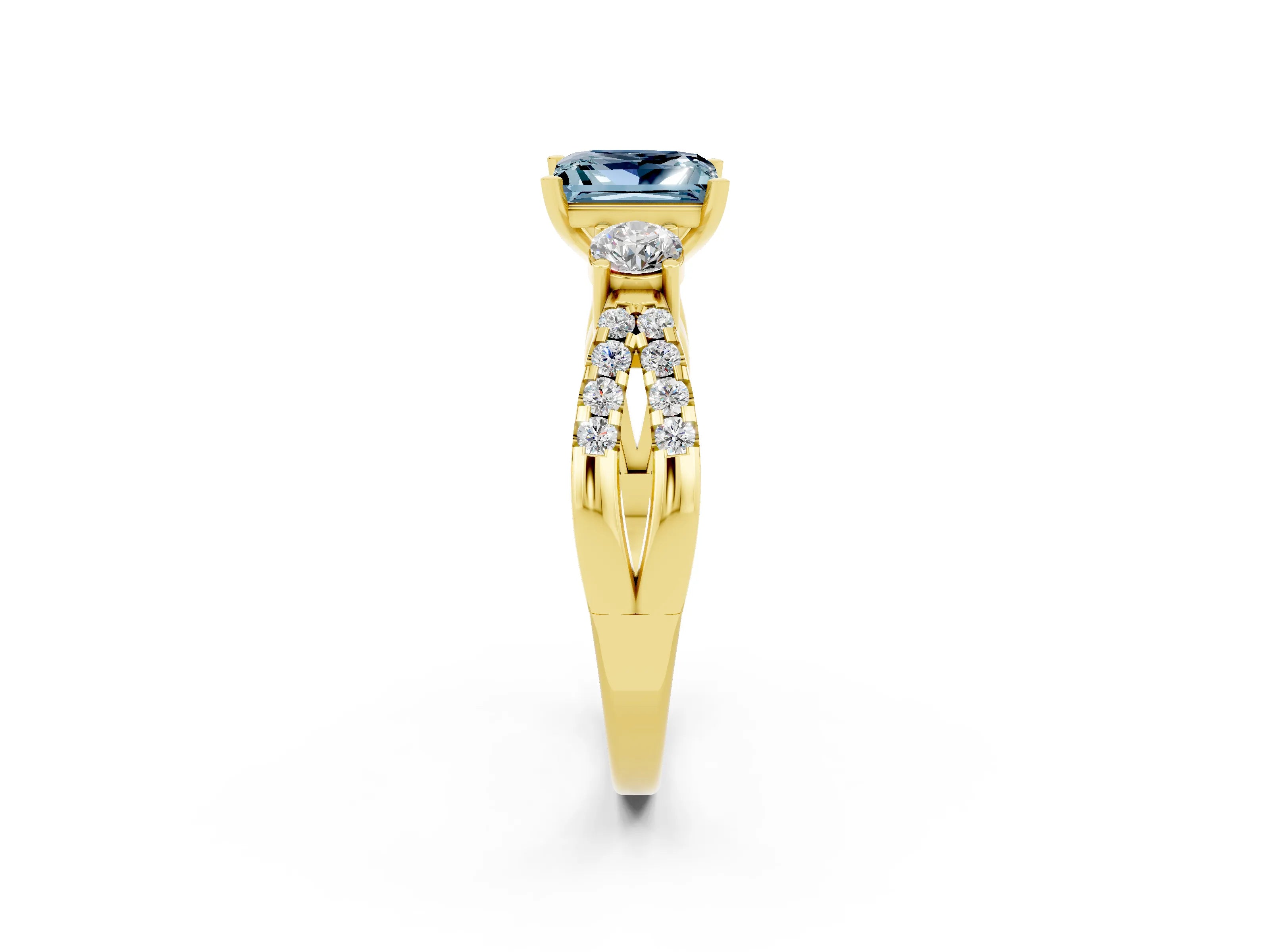 Yellow gold Princess Cut Aquamarine Three-Stone Ring with Pavé Split Shank and Four-Prong Setting_14