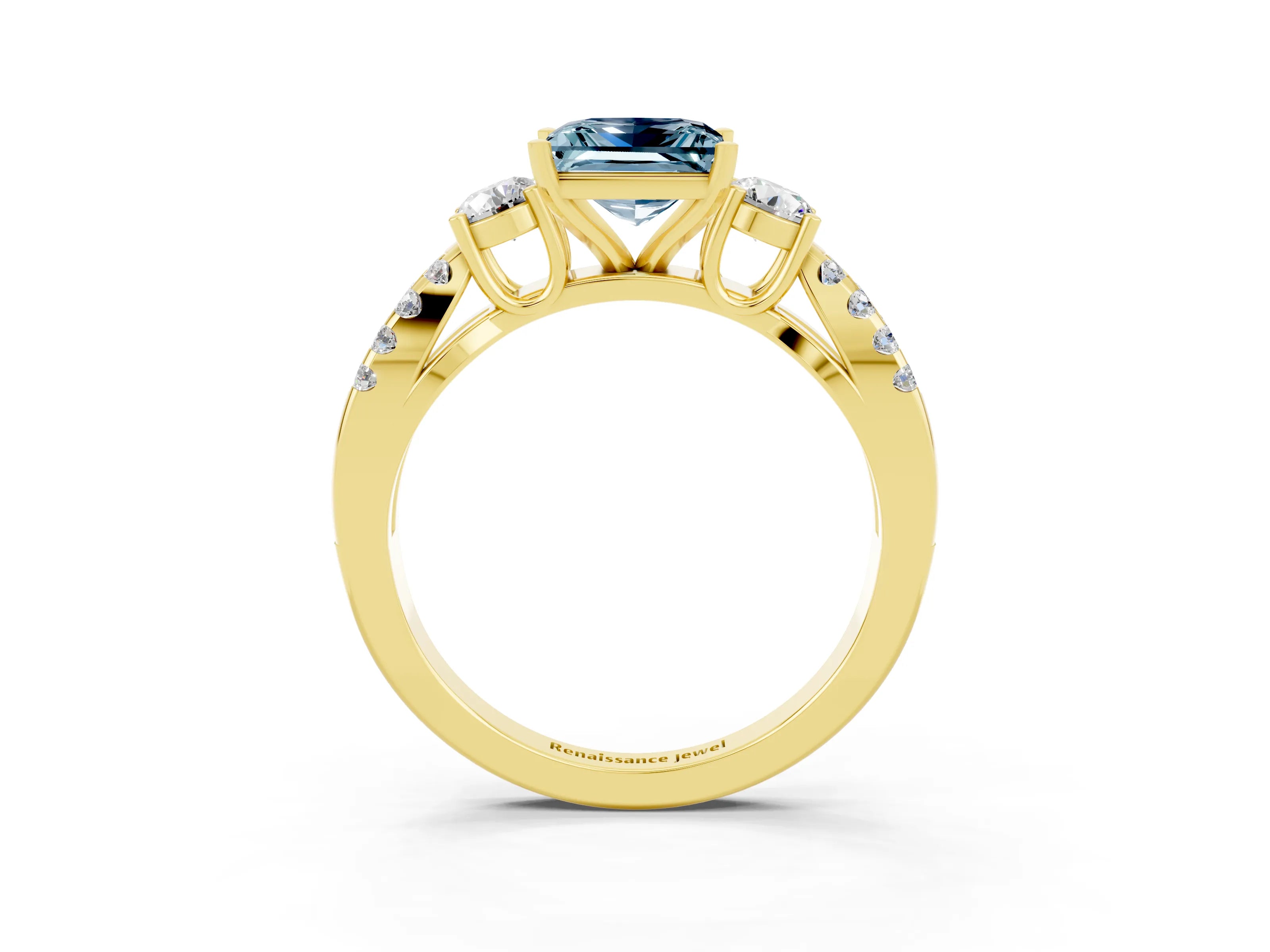 Yellow gold Princess Cut Aquamarine Three-Stone Ring with Pavé Split Shank and Four-Prong Setting_15
