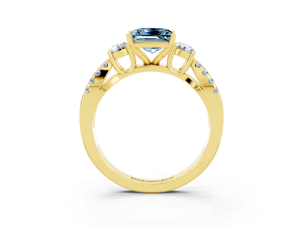 Yellow gold Princess Cut Aquamarine Three-Stone Ring with Pavé Split Shank and Four-Prong Setting