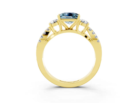 Yellow gold Princess Cut Aquamarine Three-Stone Ring with Pavé Split Shank and Four-Prong Setting_15