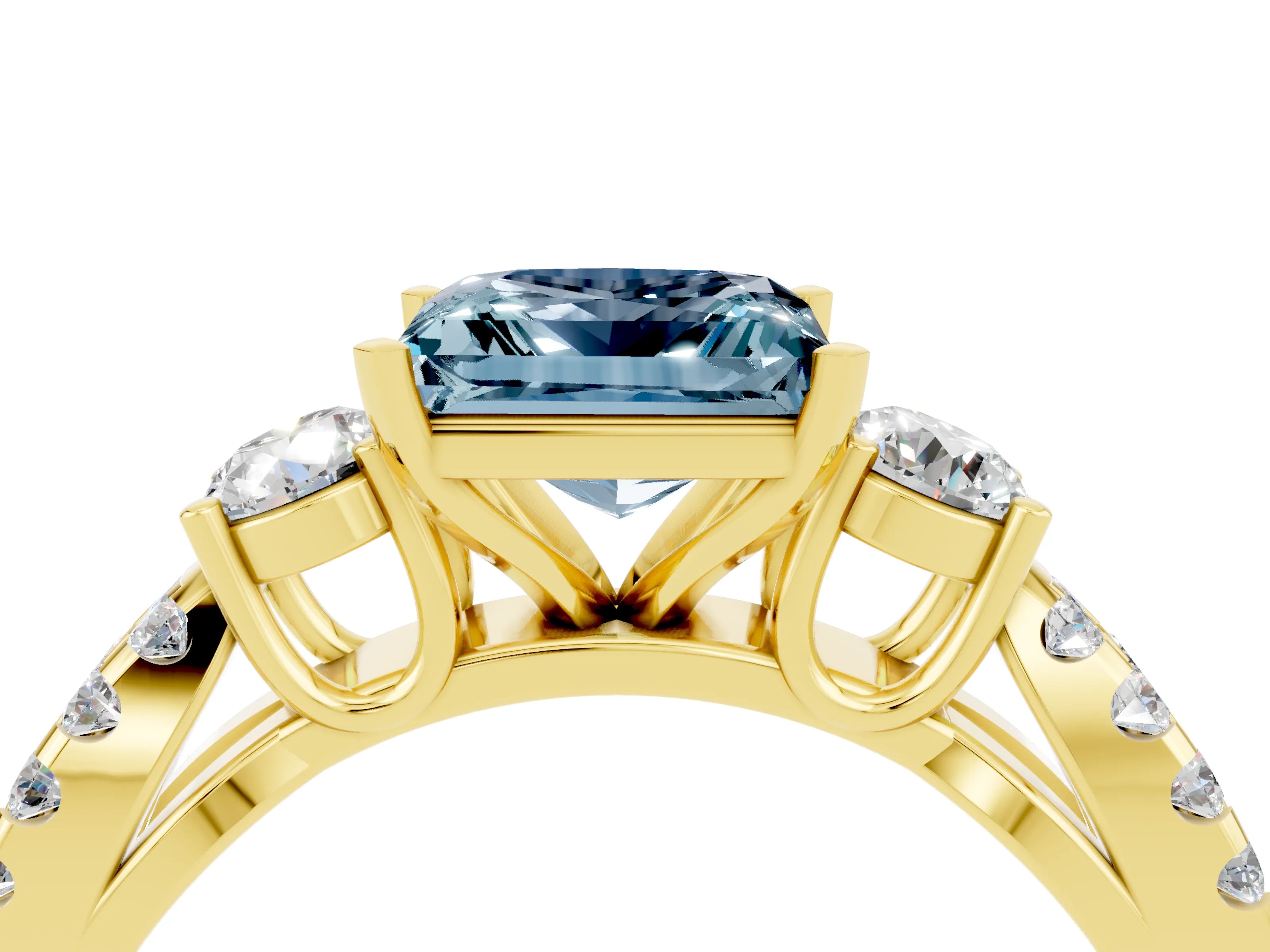 Yellow gold Princess Cut Aquamarine Three-Stone Ring with Pavé Split Shank and Four-Prong Setting_16
