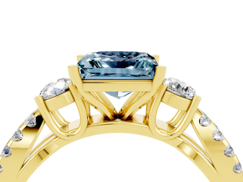Yellow gold Princess Cut Aquamarine Three-Stone Ring with Pavé Split Shank and Four-Prong Setting_16
