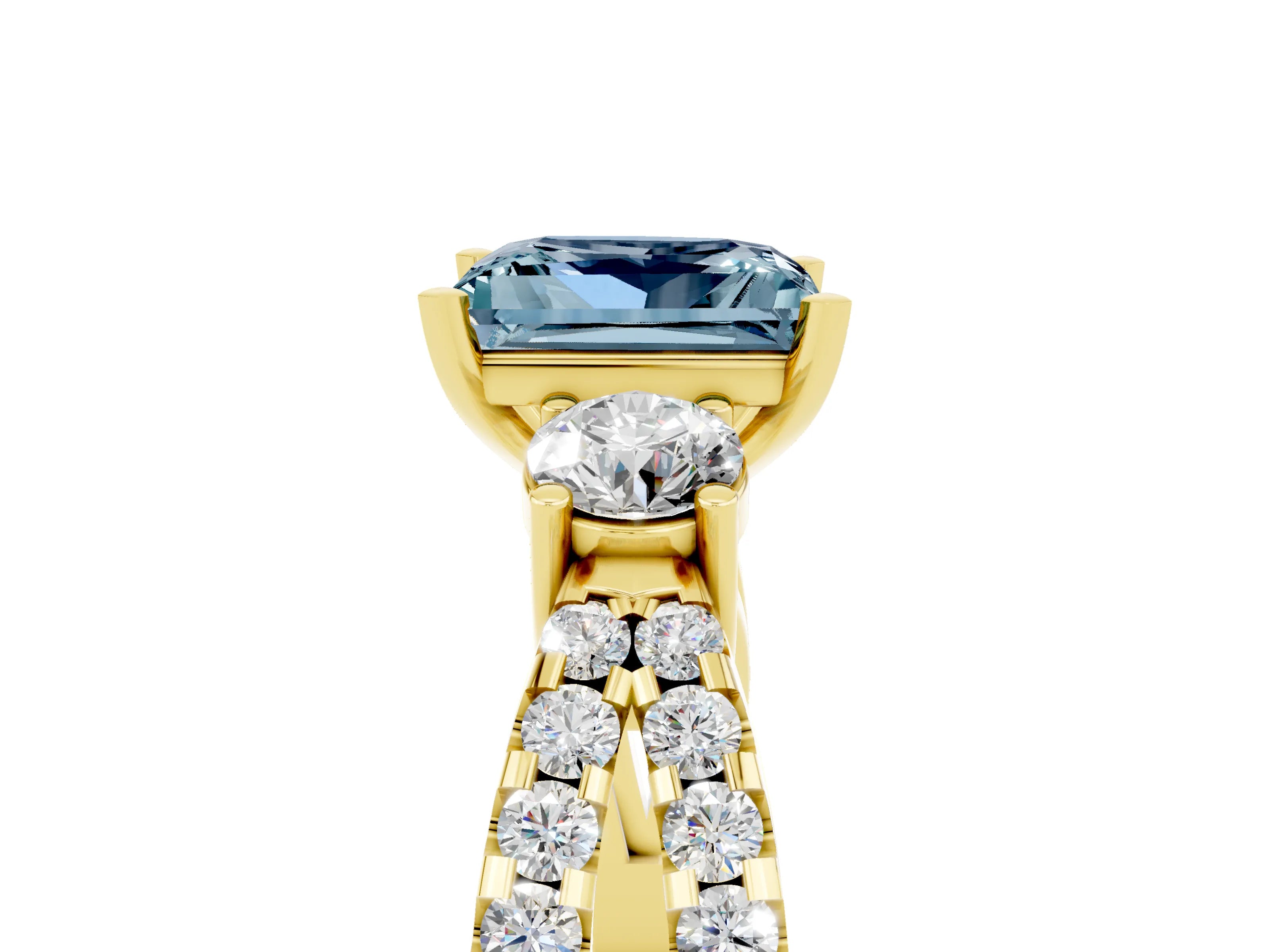 Yellow gold Princess Cut Aquamarine Three-Stone Ring with Pavé Split Shank and Four-Prong Setting_17