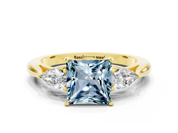 Yellow gold Princess Cut Aquamarine Three-Stone Ring with Pear  Side Stones and Prong Setting