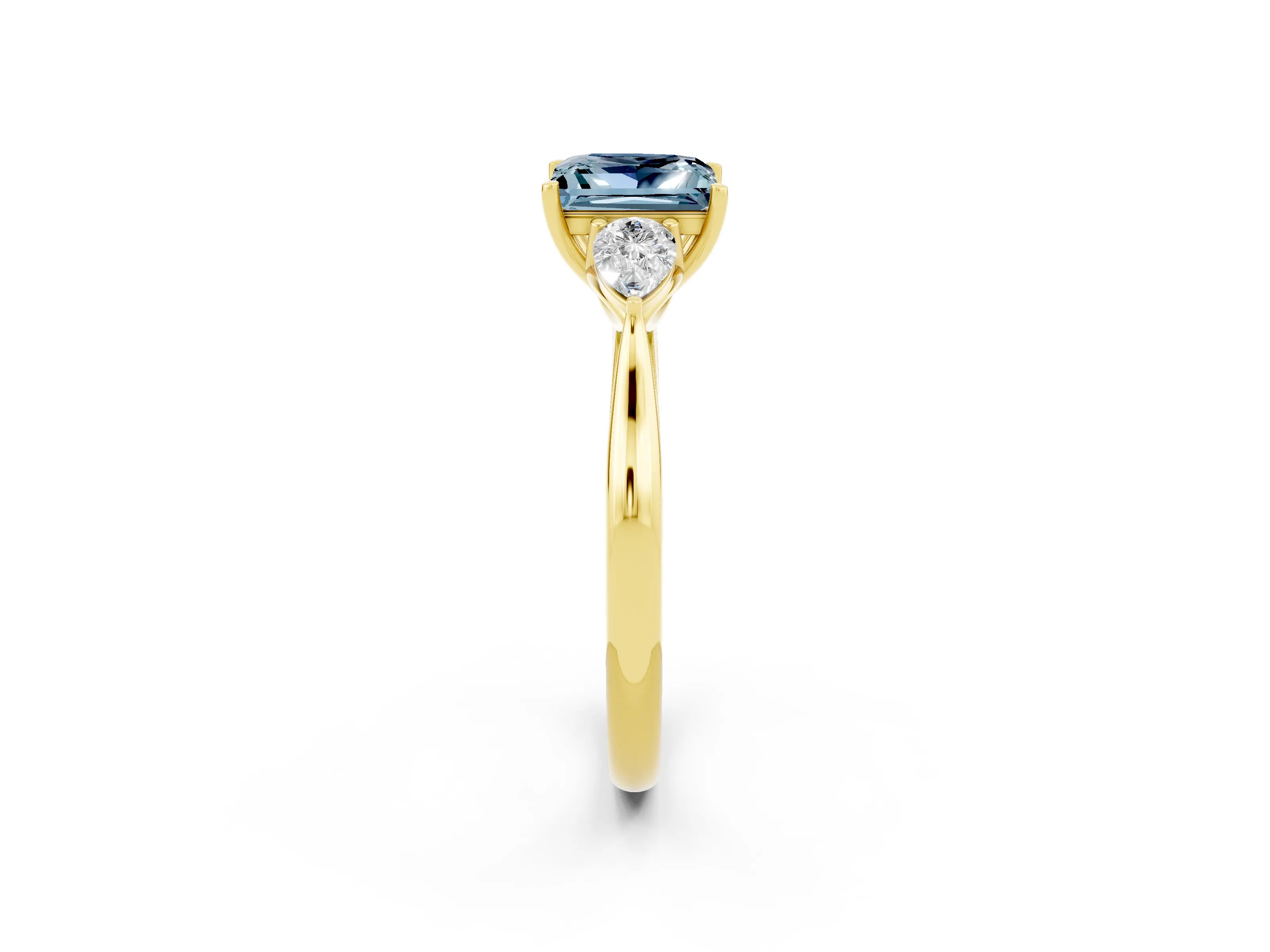 Yellow gold Princess Cut Aquamarine Three-Stone Ring with Pear Side Stones and Four-Prong Setting_14