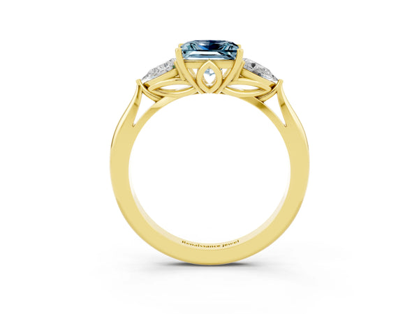 Yellow gold Princess Cut Aquamarine Three-Stone Ring with Pear  Side Stones and Prong Setting