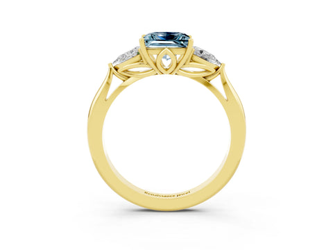 Yellow gold Princess Cut Aquamarine Three-Stone Ring with Pear Side Stones and Four-Prong Setting_15