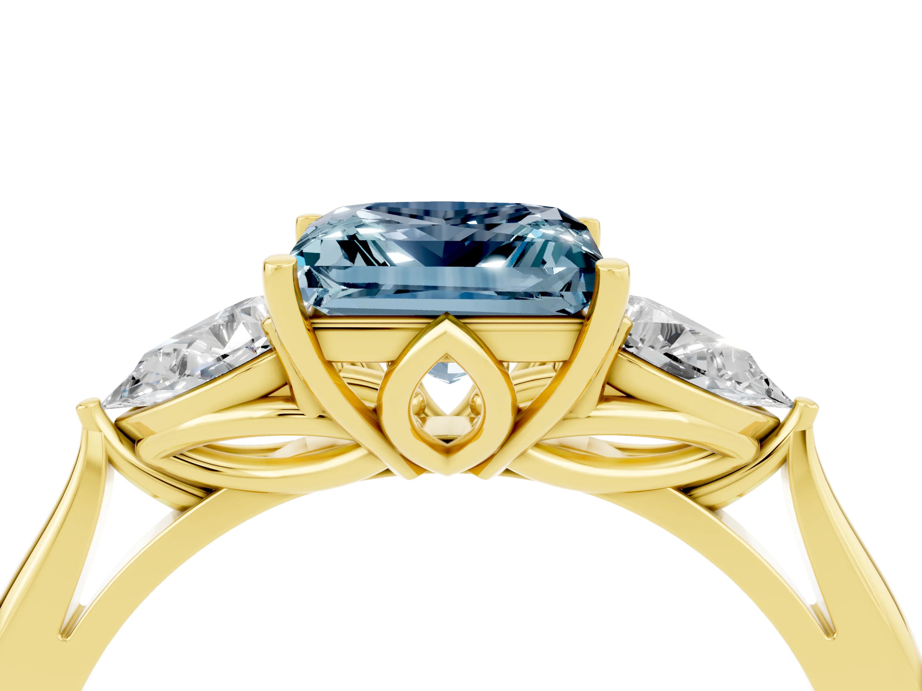 Yellow gold Princess Cut Aquamarine Three-Stone Ring with Pear Side Stones and Four-Prong Setting_16