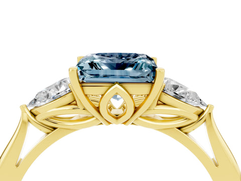 Yellow gold Princess Cut Aquamarine Three-Stone Ring with Pear Side Stones and Four-Prong Setting_16