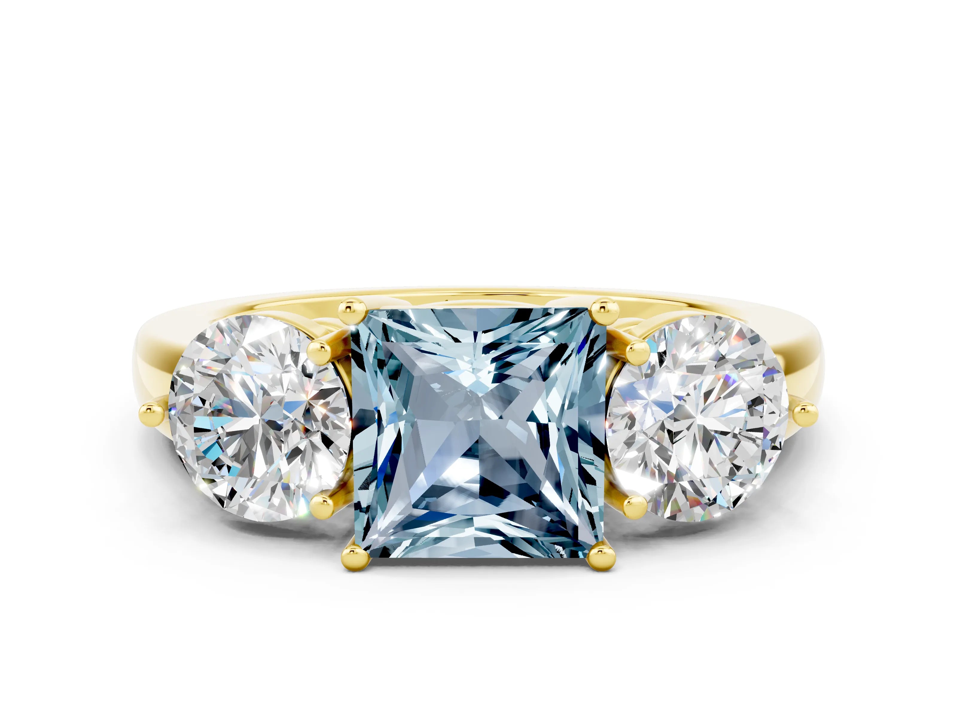 Yellow gold Princess Cut Aquamarine Three-Stone Ring with Prong Setting and Classic Band