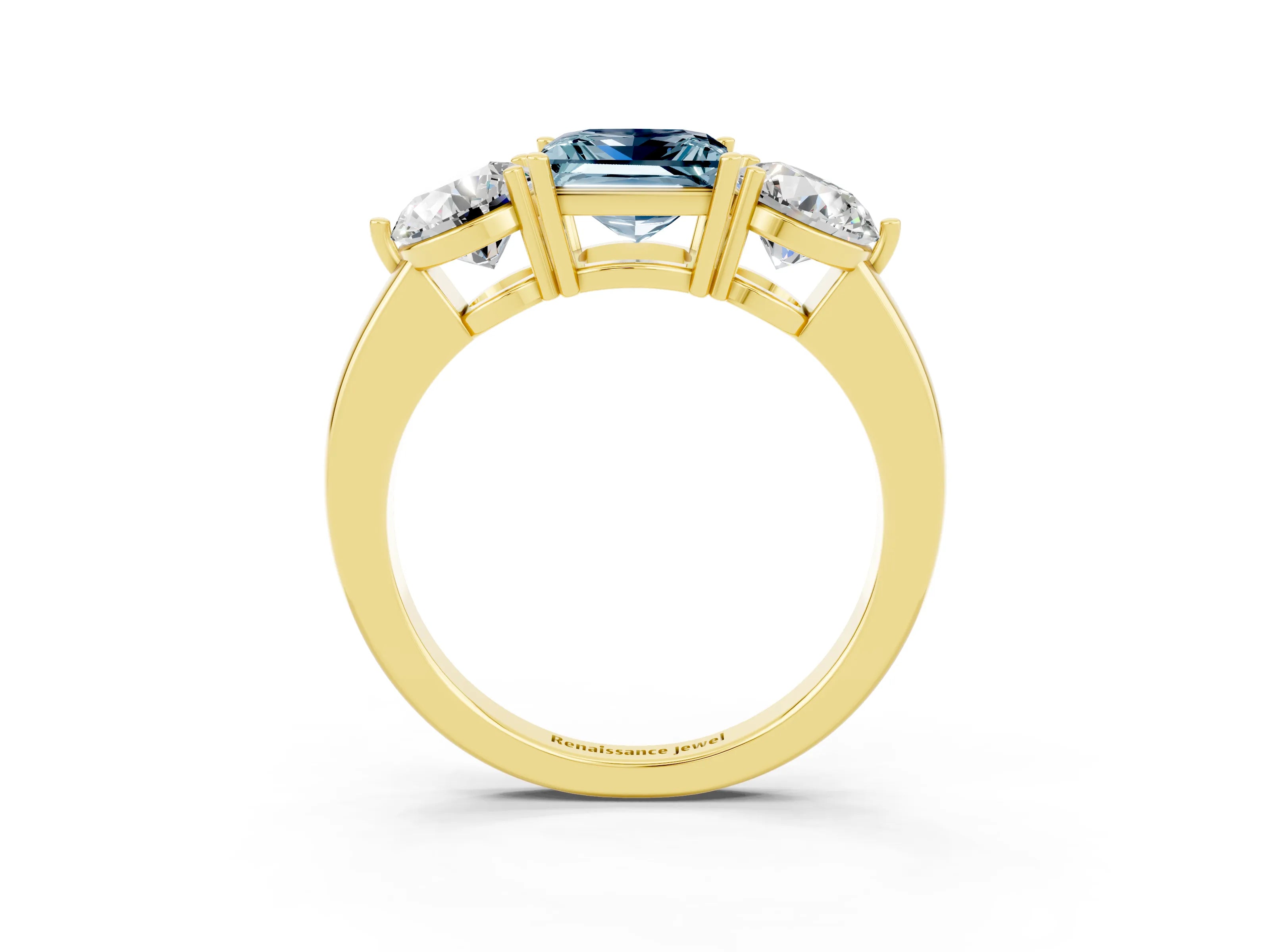 Yellow gold Princess Cut Aquamarine Three-Stone Ring with Prong Setting and Classic Band_3
