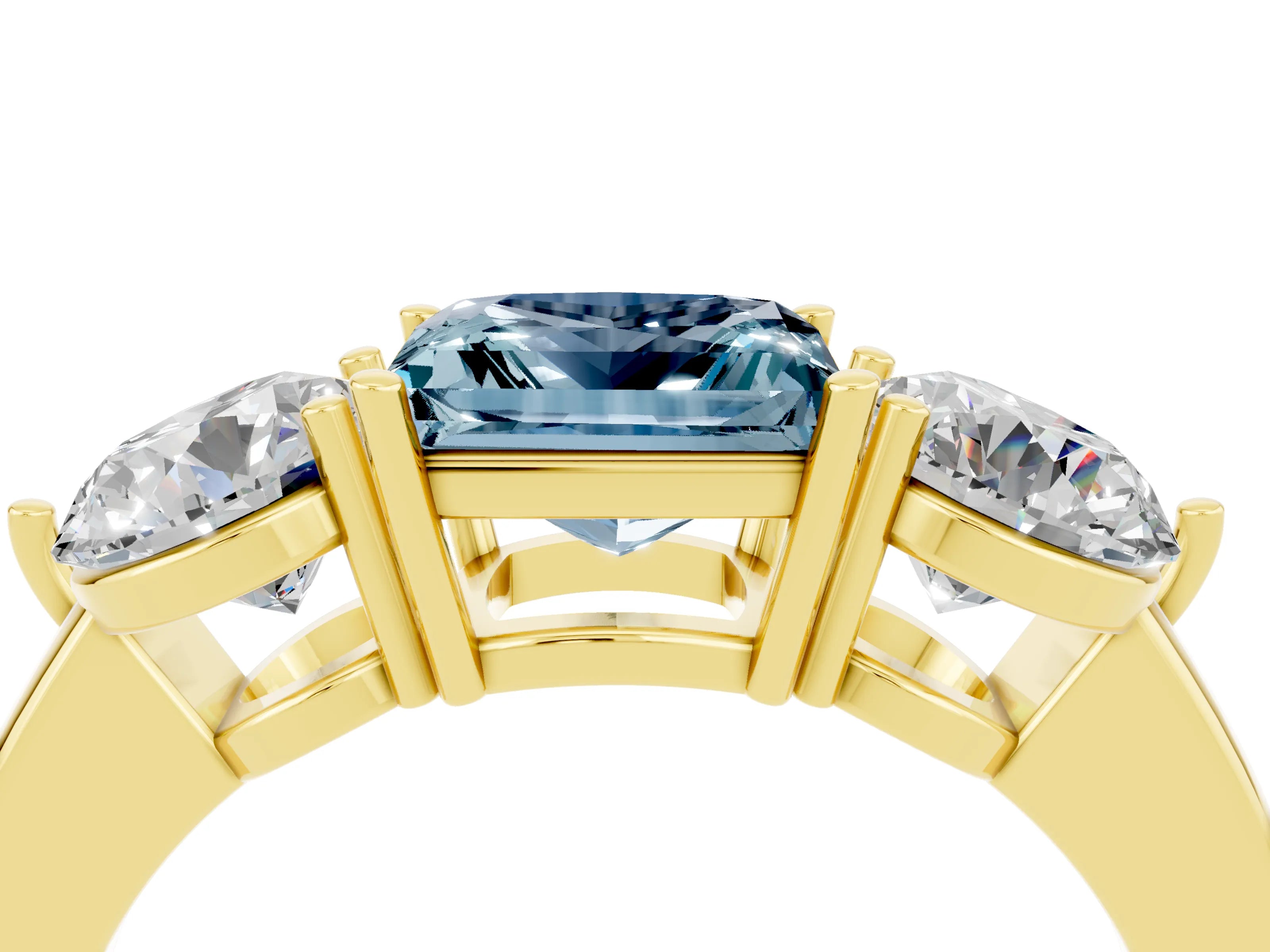 Yellow gold Princess Cut Aquamarine Three-Stone Ring with Prong Setting and Classic Band_4