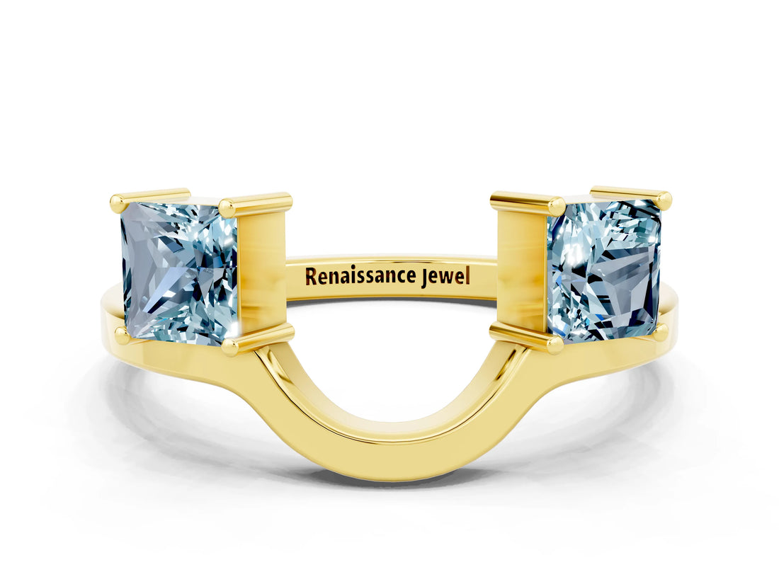 Yellow gold Princess Cut Aquamarine Two-Stone Open Band Ring with Four-Prong Setting_6