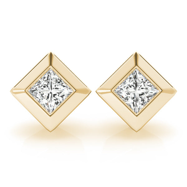 Yellow gold Princess Cut Bezel Set Diamond Stud Earrings
