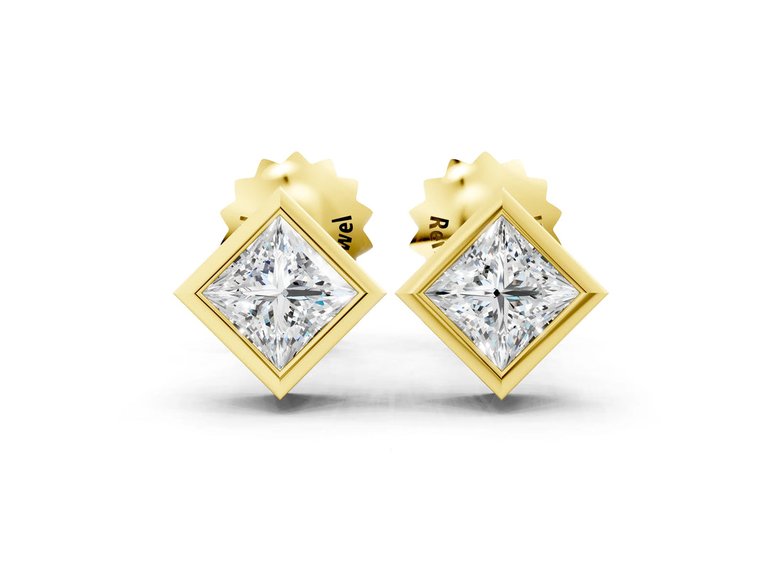 Yellow gold Princess Cut Bezel Set Diamond Stud Earrings_10