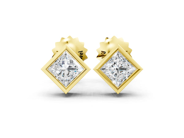 Yellow gold Princess Cut Bezel Set Diamond Stud Earrings