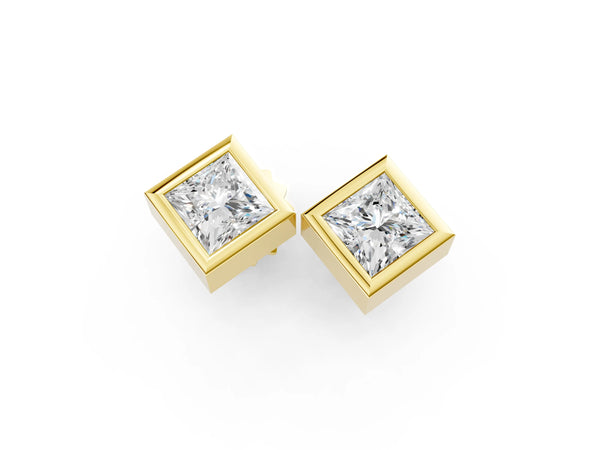 Yellow gold Princess Cut Bezel Set Diamond Stud Earrings