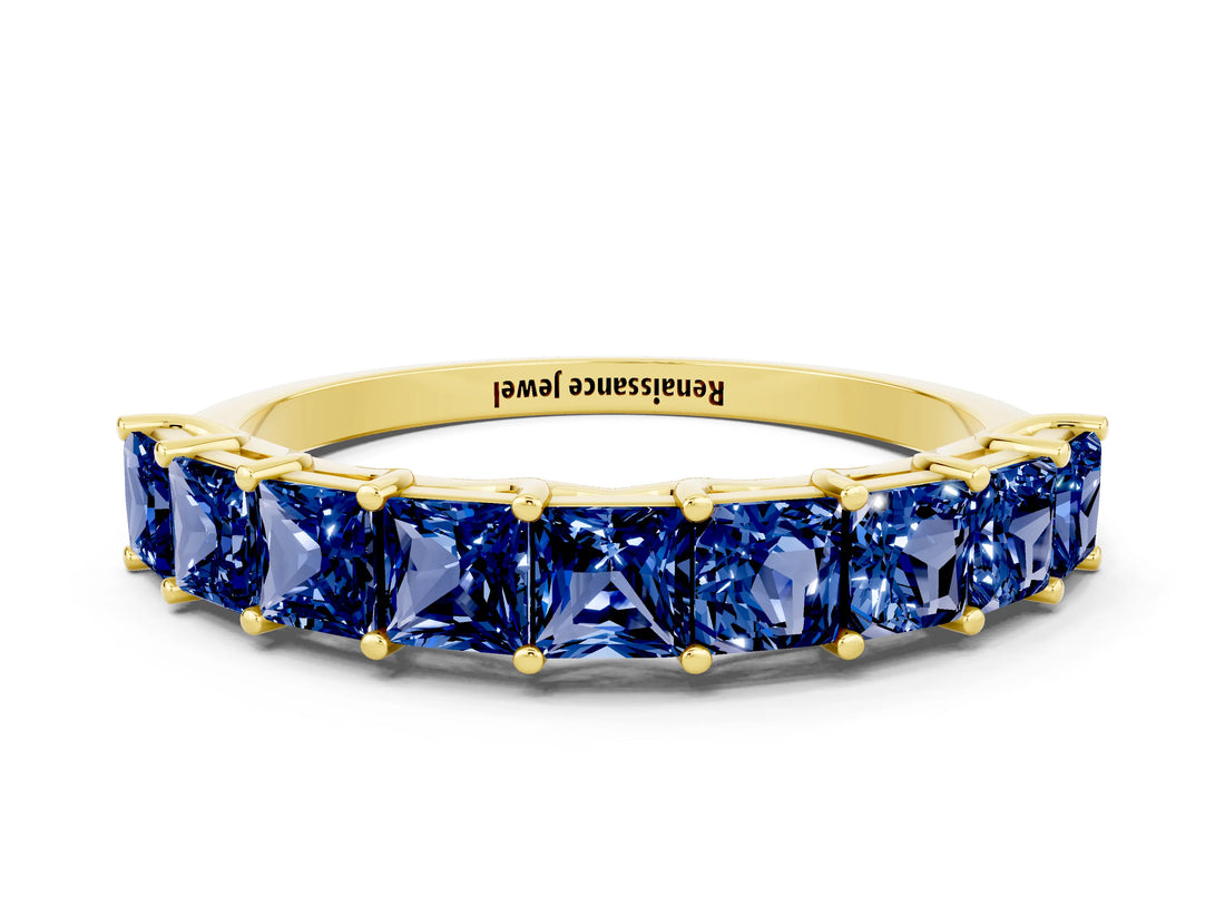Yellow gold Princess Cut Blue Sapphire Channel-Set Eternity Band with Prong Setting_6