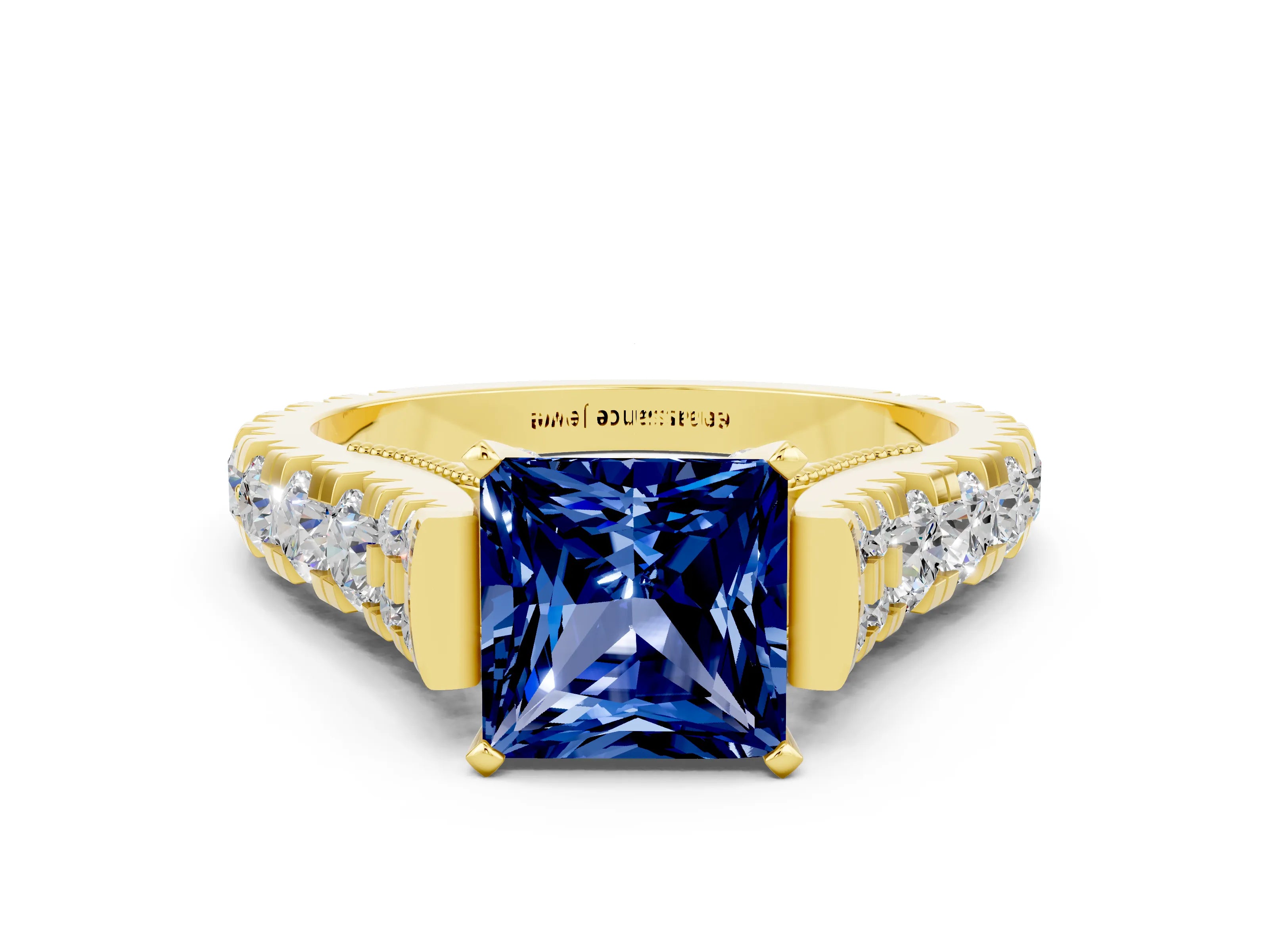 Yellow gold Princess Cut Blue Sapphire Classic Solitaire Ring with Pavé Band and Four-Prong Setting