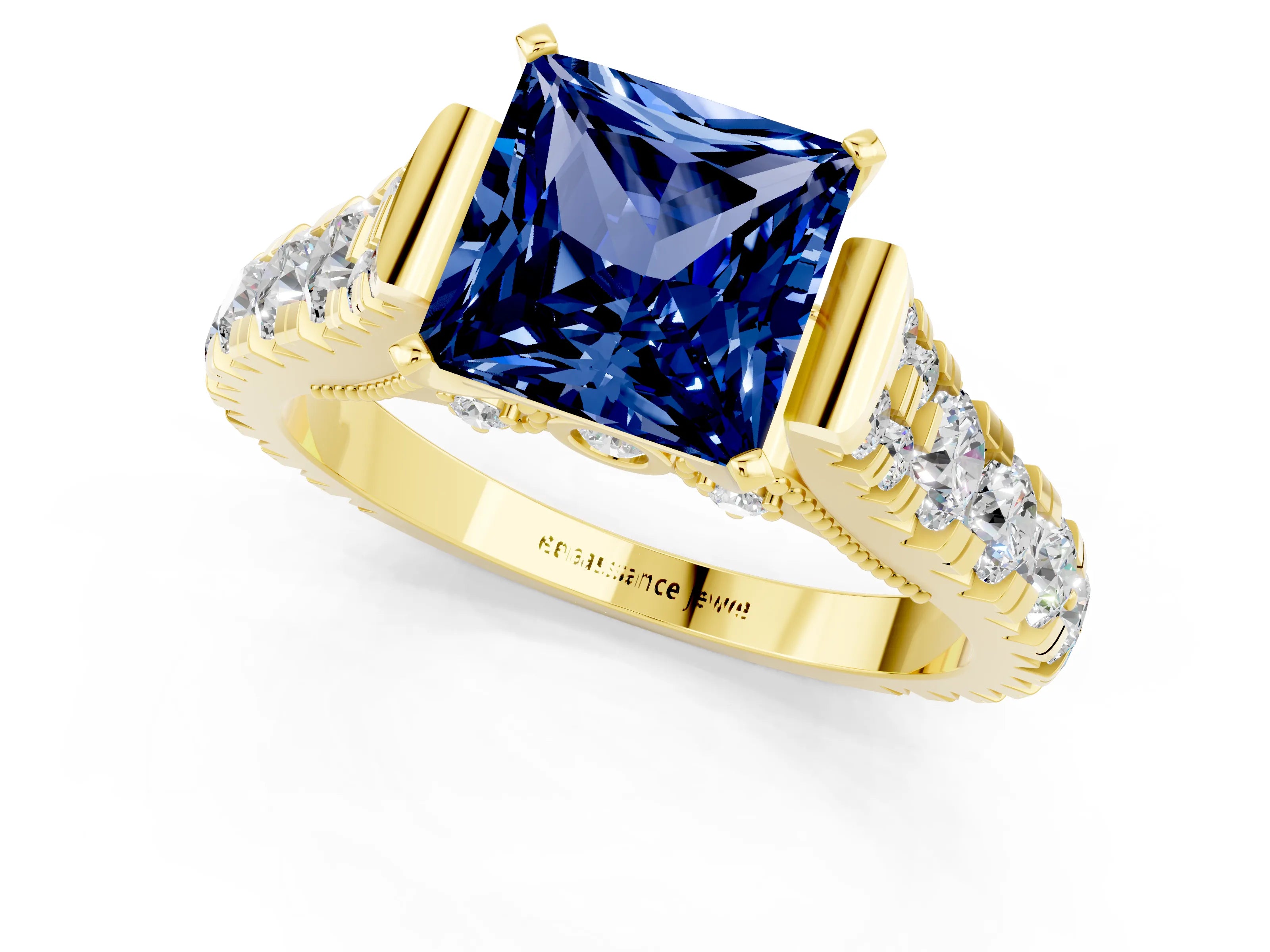 Yellow gold Princess Cut Blue Sapphire Classic Solitaire Ring with Pavé Band and Four-Prong Setting_1