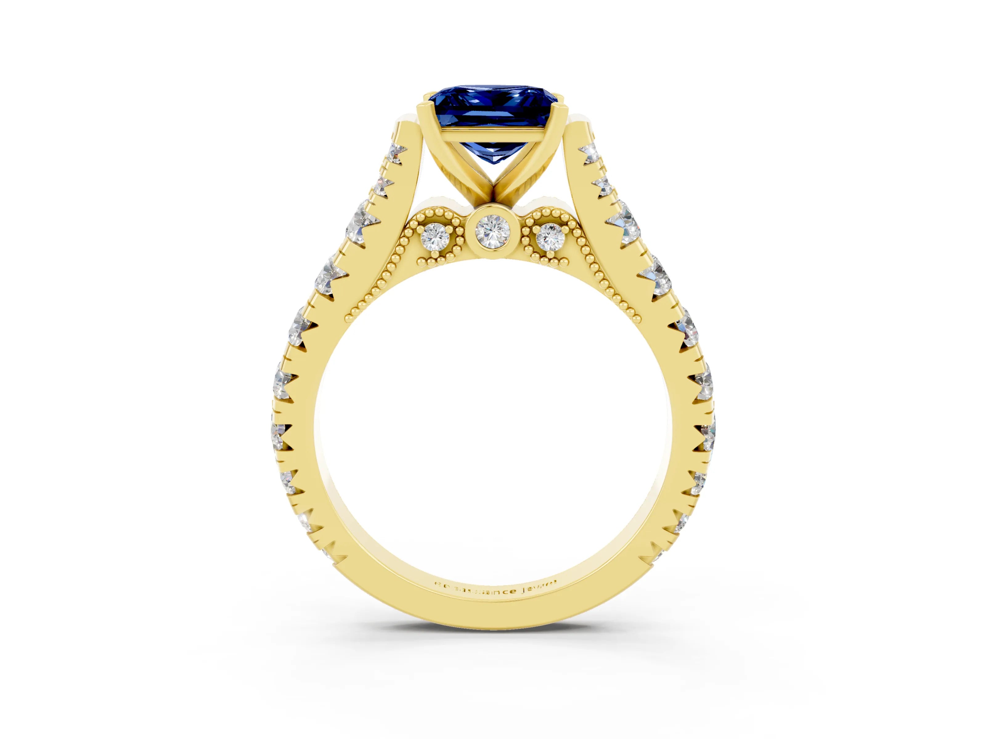 Yellow gold Princess Cut Blue Sapphire Classic Solitaire Ring with Pavé Band and Four-Prong Setting_3