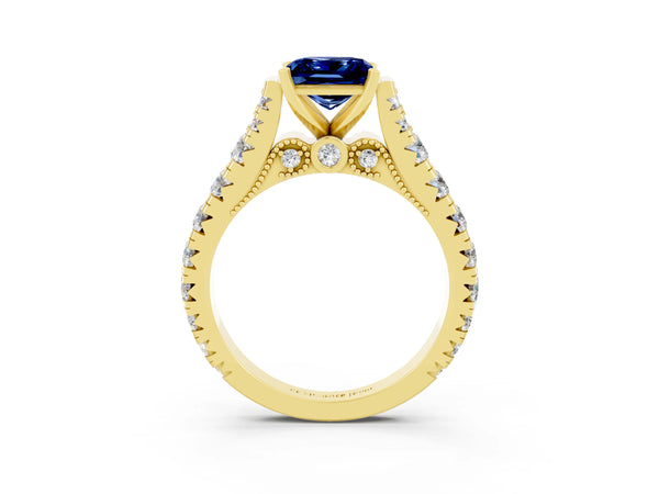 Yellow gold Princess Cut Blue Sapphire Classic Solitaire Ring with Pavé Band and Four-Prong Setting