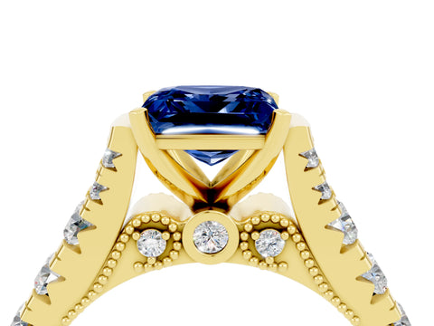 Yellow gold Princess Cut Blue Sapphire Classic Solitaire Ring with Pavé Band and Four-Prong Setting_4